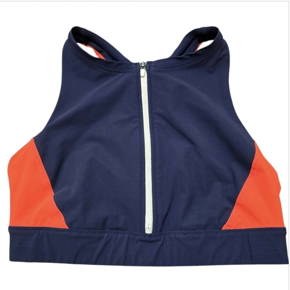 Athleta Colorblock Zip Front Bikini Top Sports Bra - Navy and Orange Sz S